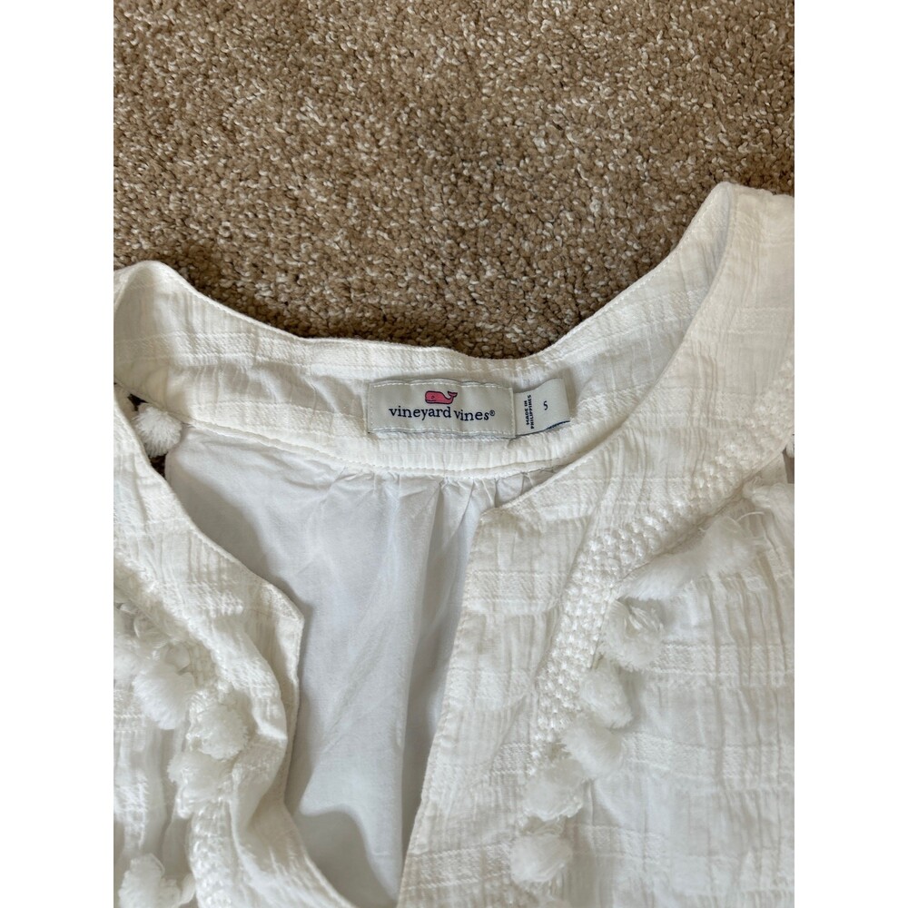 Vineyard Vines Smocked Sleeveless Lined Cotton Dress V-neck Pom-Pom Trim Size S - Picture 4 of 9